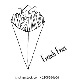 Sketch potato fries in a paper cone. Vector illustration.