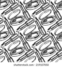 Sketch powder compact and lipstick, vintage seamless pattern