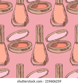 Sketch powder compact and nail polish, seamless pattern