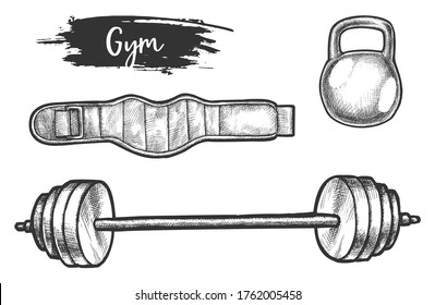 Sketch of powerlifting or weightlifting equipment. Set of isolated gym or gymnasium items. Rod and poise, waist belt, dumbbell or barbell. Bodybuilder exercise or workout training, weight loss theme