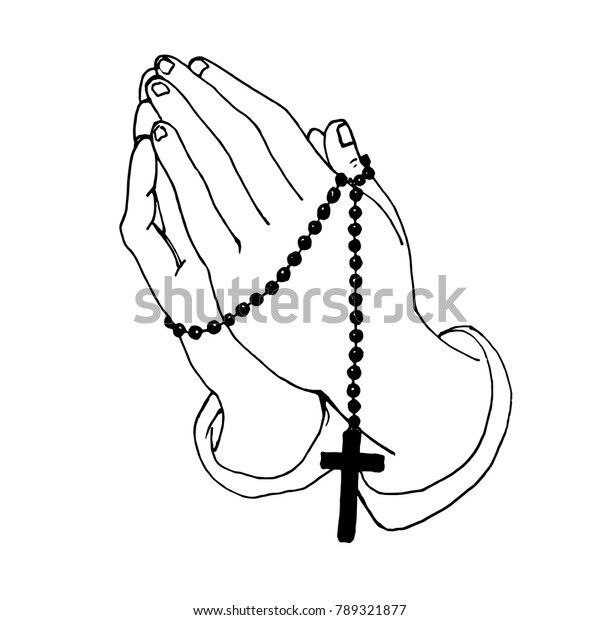 祈りの手のスケッチ ベクターイラスト 手に十字架を持つビーズ のベクター画像素材 ロイヤリティフリー 789321877