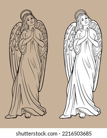 Sketch of a praying angel. Christmas Christian Christmas drawing with black lines isolated on white background and transparent background.  For coloring books and your design.