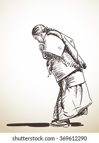 Sketch of praying buddhist woman, Hand drawn illustration