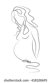 sketch of a pregnant woman looking at belly. Vector illustration. For design, advertising healthy lifestyles, demographics