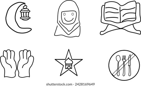 sketch presentation of ramadhan icon set in black and white drawing 