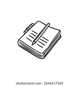 A sketch presents a notepad featuring lines and a pencil on top, rendered in a simple monochrome style, conveying a sense of simple note-taking and planning.