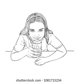 Sketch of preteen girl with long hair drinking water from glass and smiling, Hand drawn vector linear illustration view from top