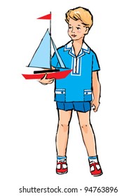 Sketch of Pretty boy with boat model in his hand in retro style