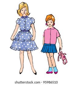 Sketch of Pretty girls different ages in retro style