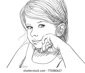 Sketch of pretty little girl portrait with hand prop up her cheek, Hand drawn vector illustration with hatched shades