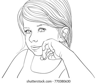 Sketch of pretty little girl portrait with hand prop up her cheek, Hand drawn vector illustration