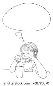 Sketch of pretty little girl thinking while holding straw in glass with beverage, Hand drawn vector linear illustration with with thought bubble