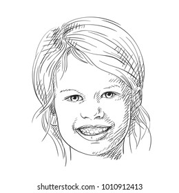 Sketch of pretty smiling child girl portrait, Hand drawn vector illustration with hatched shades