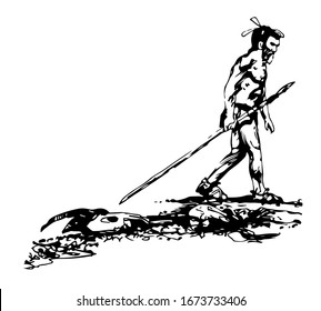 Sketch of a primitive man on a hunt in isolate on a white background. Vector illustration.