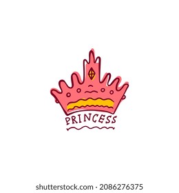 Sketch princess crown with inscription, vector cartoon illustration in doodle style isolated on white background. Royal jewelry accessories fashion textile print.