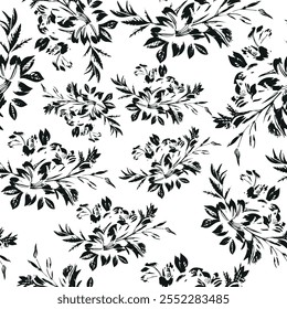 sketch print of a branch of flowers with leaves in line art style drawn with different lines, for textile, packaging or posters