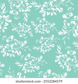 sketch print of a branch of flowers with leaves in line art style drawn with different lines on a blue background, for textile, packaging or posters