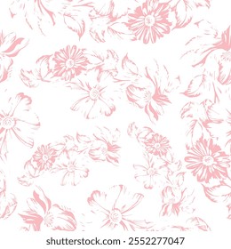 sketch print of pink twigs with blooming flower buds in line art style, for different textile, design or pattern