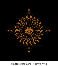 Sketch for print t shirt and tatoo art. Sacred geometry with all seeing eye and hypnotic swirl. Orange geometric pattern on the black background. Vintage ornamental composition .