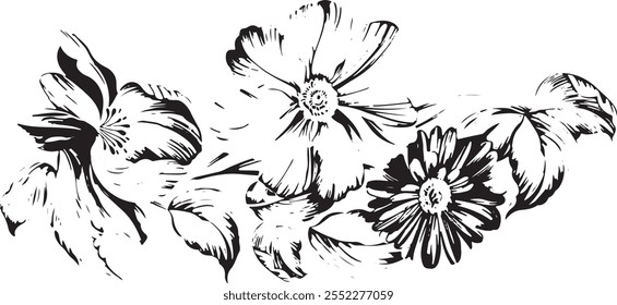 esboço impressão de galhos com botões de flores florescendo no estilo da arte da linha, para vários têxteis, desenhos ou padrões