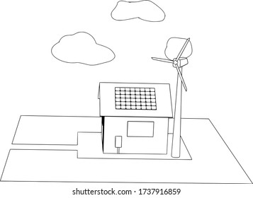 sketch of a private house with solar panels and a wind generator vector
