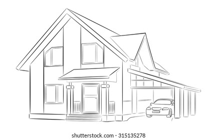 Skizze eines Privathauses mit zwei Etagen mit Carport
