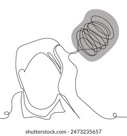 Concepto de problema de boceto mínimo hombre emoción estrés dolor de cabeza dibujo arte de la línea. Hombre infeliz deprime a mano dibujado concepto de línea continua con fondo aislado blanco. Abstractas,Vector,ilustración.
