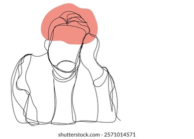 Sketch problem concept minimal man emotion stress headache drawing line art. Male unhappy depress hand drawn continuous line concept with white ioslated background. Abstract,vector,illustration.