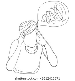 Sketch problem concept minimal man emotion stress headache drawing line art. Male unhappy depress hand drawn continuous line concept with white ioslated background. Abstract,vector,illustration.