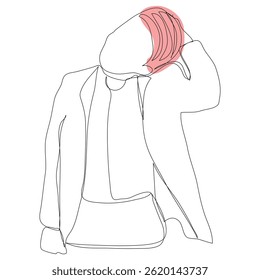 Esboço conceito de problema mínimo homem emoção estresse cefaleia desenho linha arte. Masculino infeliz deprimir mão desenhado conceito de linha contínua com fundo branco isolado. Resumo,vetor,ilustração.