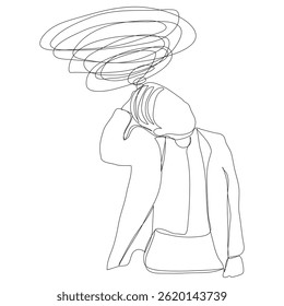 Esboço conceito de problema mínimo homem emoção estresse cefaleia desenho linha arte. Masculino infeliz deprimir mão desenhado conceito de linha contínua com fundo branco isolado. Resumo,vetor,ilustração.