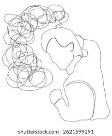 Skizze Problem Konzept minimal Mann Emotion Stress Kopfschmerzen Zeichnung Linie Kunst. Männlich unglücklich depress handgezeichnete kontinuierliche Linie Konzept mit weißem isolierten Hintergrund.Abstrakt, Vektor, Illustration.