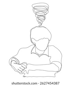 Esboço conceito de linha de desenho de dor de cabeça de estresse de emoção mínima homem. Macho infeliz deprimir mão desenhada conceito de linha contínua com branco isolado background.Abstract, vetor, ilustração.