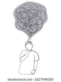 Sketch problem concept minimal man emotion stress headache drawing line art. Male unhappy depress hand drawn continuous line concept with white isolated background.Abstract,vector,illustration.