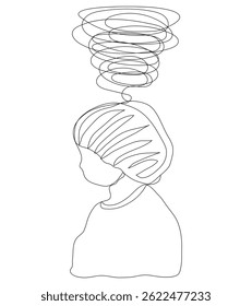 Sketch problem concept minimal old woman emotion stress headache drawing line art.Female unhappy depress hand drawn continuous line concept with white ioslated background.Abstract,vector,illustration.