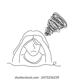 Sketch problem concept minimal woman emotion stress headache drawing line art. Female unhappy depress hand drawn continuous line concept with white ioslated background. Abstract,vector,illustration.