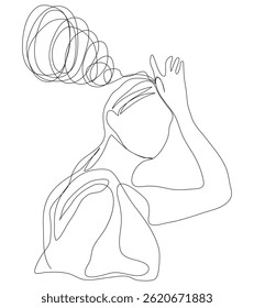 Esboço conceito problema mínimo mulher emoção estresse cefaleia desenho linha art.Female infeliz deprimir mão desenhado conceito de linha contínua com fundo branco isolado.Abstract,vetor,ilustração.