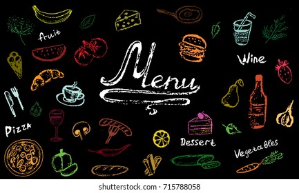 Sketch of products with chalk on a black background