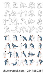 Sketch professional judokas silhouettes in training. Judo athletes  colored. Sports collection. Fighters. Martial arts