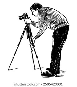 Sketch of professional photographer with camera on tripod shooting, vector hand drawn illustration, black and white