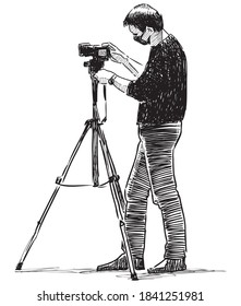Sketch of professional photographer with tripod at a work