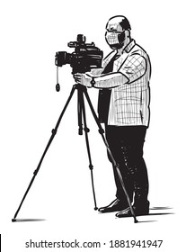 Sketch of professional photographer with tripod at work