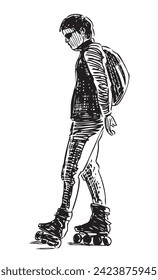 Sketch of profile casual young sportsman in sunglasses with backpack roller skating black and white hand drawn illustration isolated on white