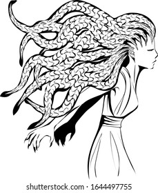 sketch profile of greek mythological character Medusa in attack position