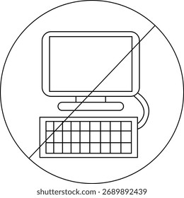 esboço de ícone proibido e ícone do computador e teclado com linhas pretas