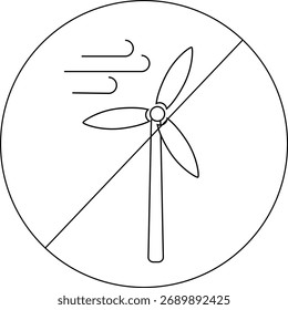 Bosquejo del icono prohibido y el icono del molino de viento que sopla en el viento. con líneas negras