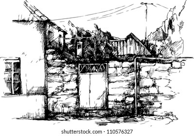sketch of provincial small town landscape house gate in a fence fence