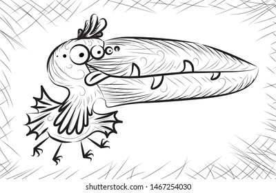 Sketch of pterodactyl, crow or toucan fun scribble monster or doodle fantasy bird. Hand drawn sketched rook or marabou character with with big teeth and a huge beak vector illustration