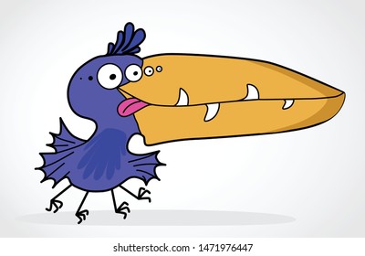 Sketch of pterodactyl, crow or toucan fun scribble monster or doodle fantasy bird. Hand drawn sketched rook or marabou character with with big teeth and a huge beak vector illustration