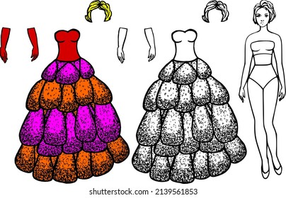 Sketch of a puffy ball gown with tinsel. Dress for a painted doll. Fashion clothes, wig, gloves, accessories